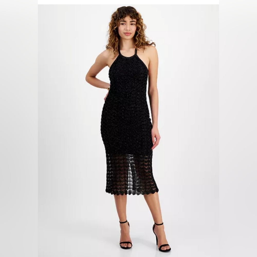 GUESS Alina Halter Neck Stretch Midi Dress Black Large NWT